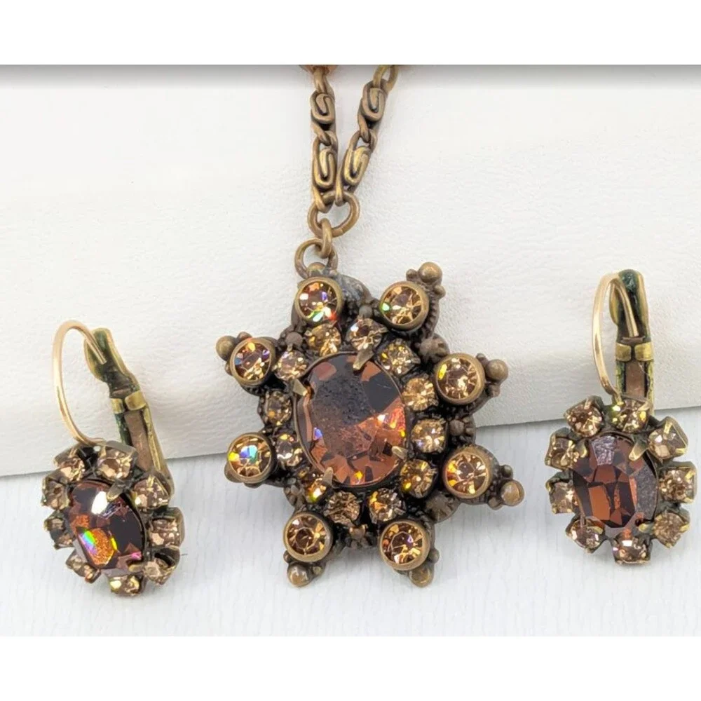 Liz Palacios Amber Crystal Necklace Earrings Set Gold Tone Signed 16 Inch Glam